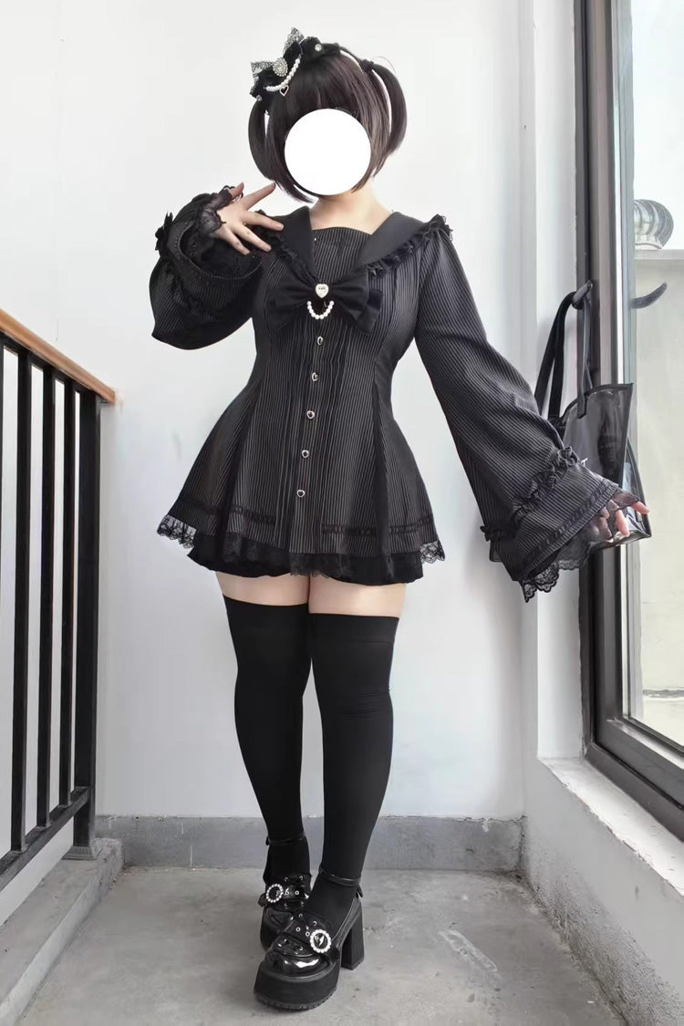 Dark Night Prayer Square Collar Long Sleeve Bow Lace Pearl Sweet Jirai Kei Dress and Shorts Set