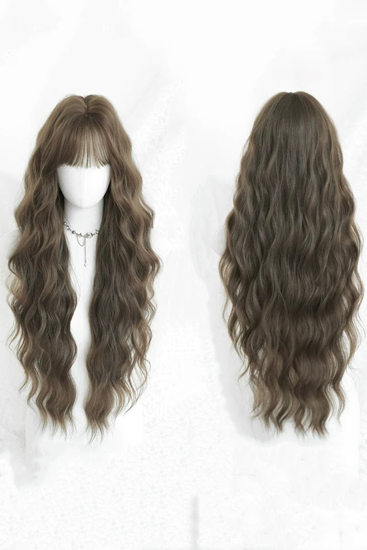 Natural Water Wave Curly Chestnut Ash Brown Long Wig, Fluffy Style
