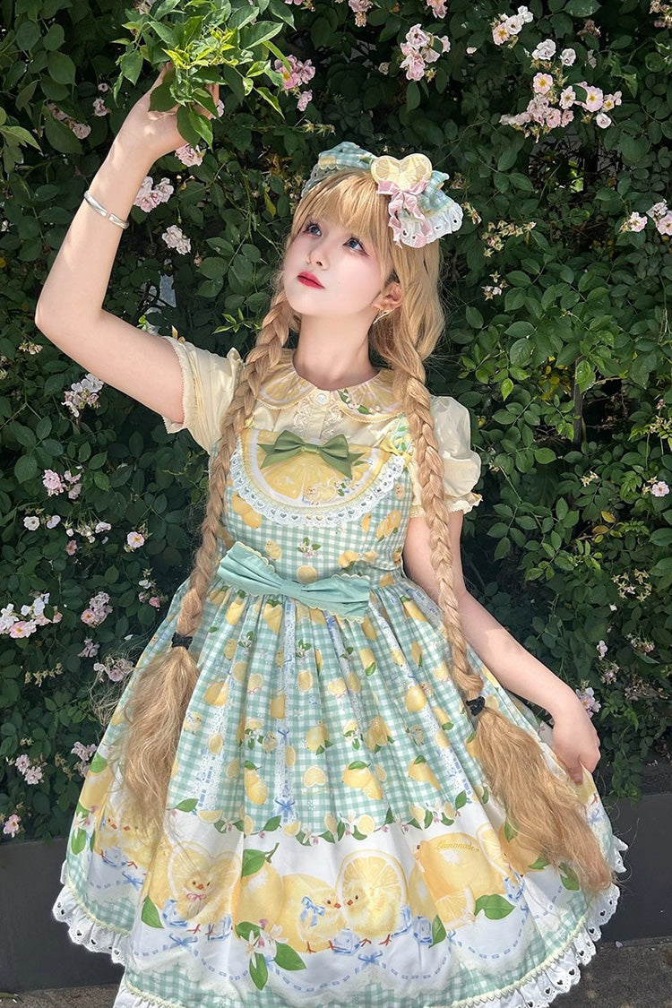 Verdant Printed Ruffle Bow Lace Sweet Jumper Dress - Lemon Chicken