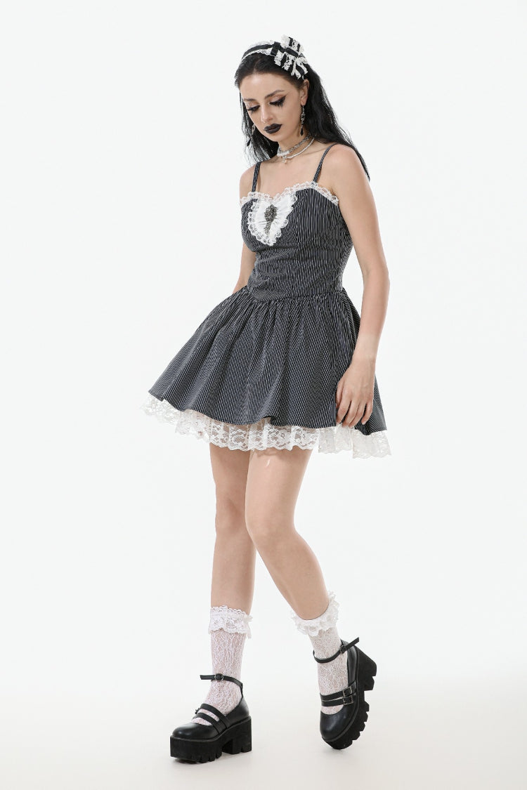 Monochrome Gothic Lolita Slip Dress with Pinstripes and Lace-Up Details