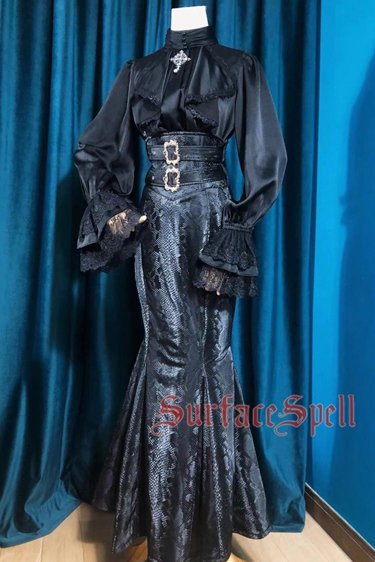 Black Faux Leather Snake Print Gothic Lolita Mermaid Skirt