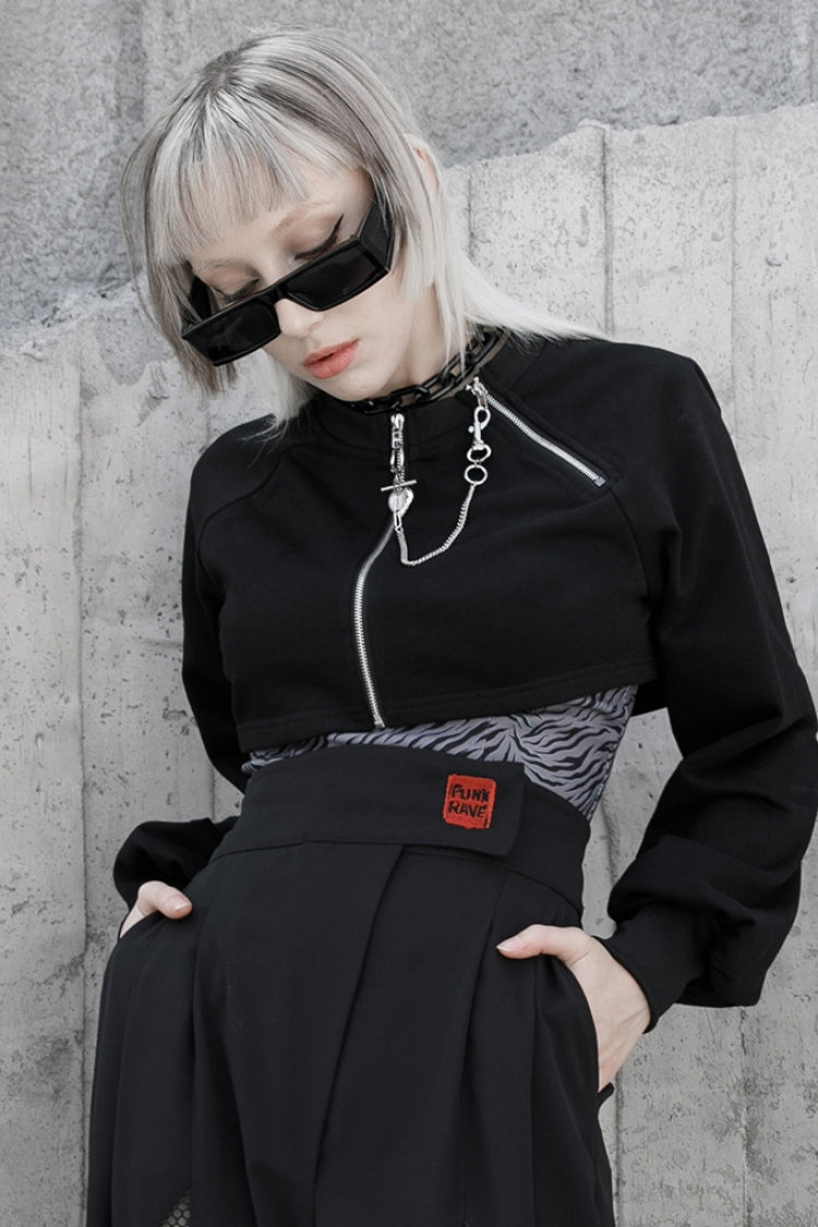 Noir Double Zipper Round Collar Long-Sleeve Gothic Coat for Women