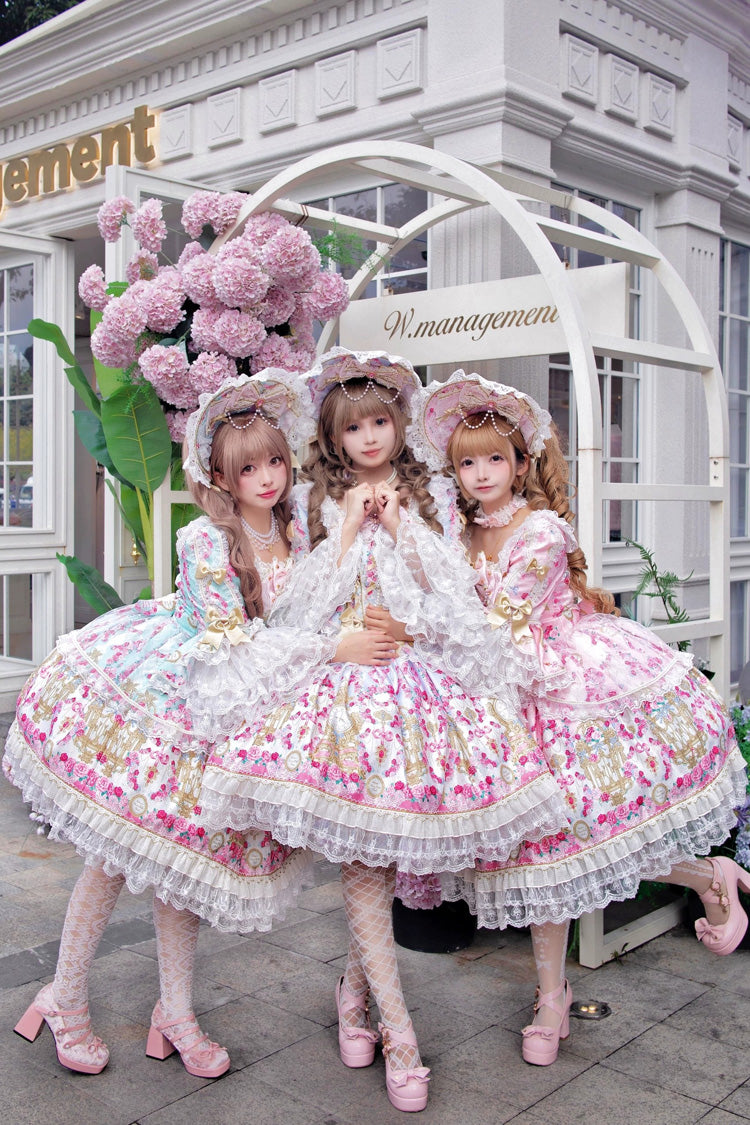 Pink [Rose Garden Prelude] Square Collar Long Trumpet Sleeves Printed Ruffled Bow Lace Lace-Up Sweet Lolita Dress