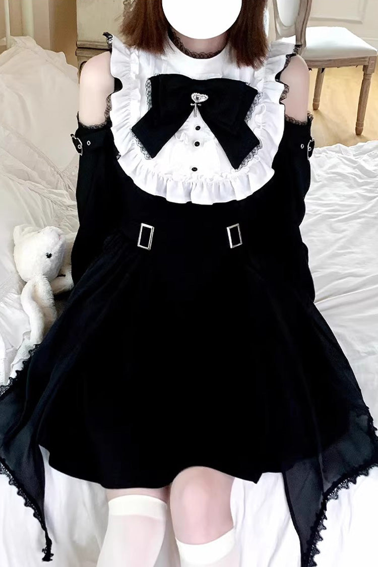 Stand Collar Off Shoulder Long Sleeves Ruffled Bow Lace Gothic Jirai Kei Dress
