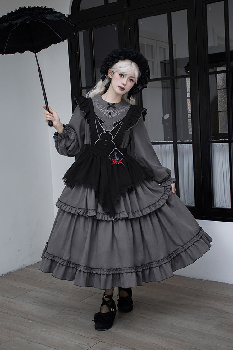 Gothic Ruffle Embroidered Long-Sleeve Dress in 2 Colors - Castle Night