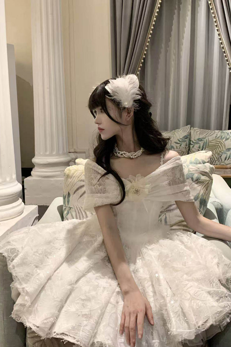 White Off Shoulder Jacquard Embroidered Bow Gothic Lolita Jsk Short Dress - Moonlight