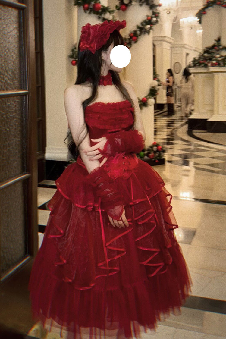 Scarlet The Summer Waves Sparkle Square Neck Sleeveless Multi-Layered Ruffled Bow Laced Slim Lolita Skirt Set