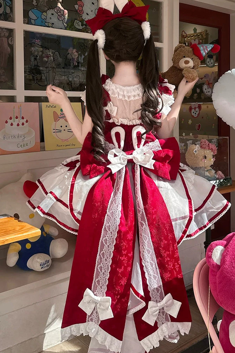 Scarlet Velvet Rabbit Sleeveless Multi-Layered Ruffled Bow Sweet Lolita Jumper Dress Set