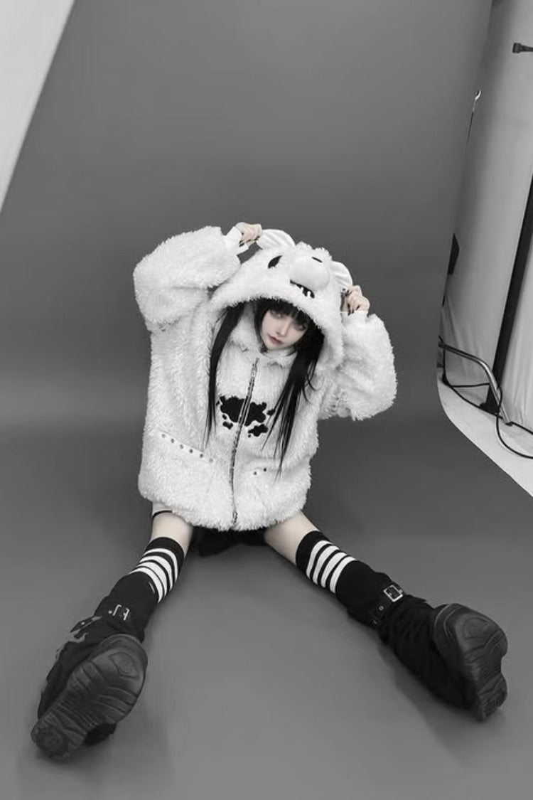 Ivory Bear Ear Hooded Zip-Up Dark Jirai Kei Coat