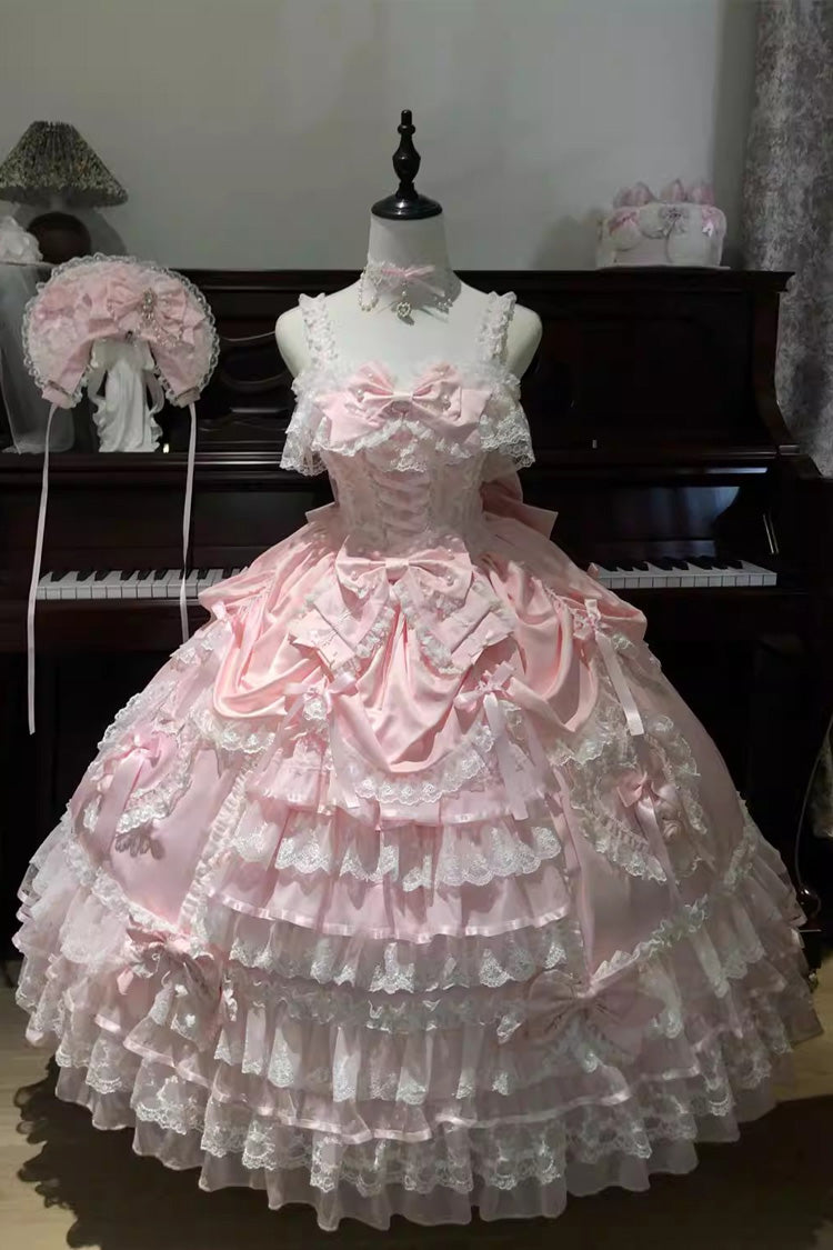 Pink Ode of the Curtain Multi-Layered Ruffled Hanayome Open-Front Bow Lace Lace-Up Sweet Long Jsk Dress