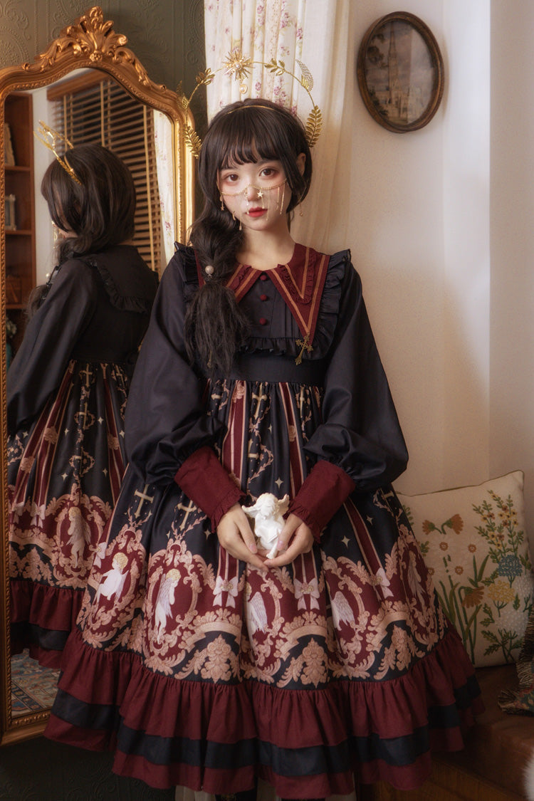 Angel Print Long Sleeve Sweet Lolita Dress with Bow and Ruffles