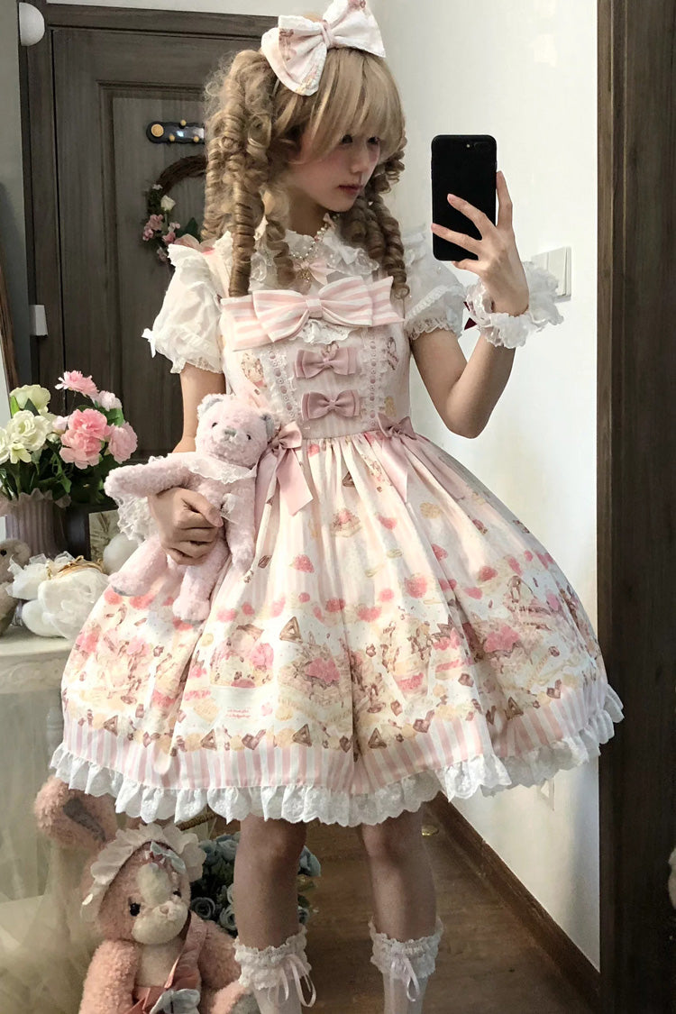 Strawberry Cheesecake Square Neck Printed Bow Lace Casual Lolita JSK