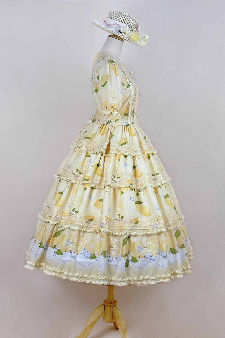 Triple-Layered Print Ruffled Bow Lace Sweet Gorgeous Lolita Dress - Yellow Lemon Chicken