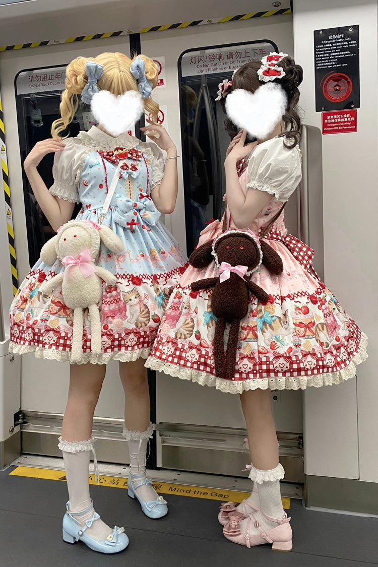 Strawberry Cake Kitty Sleeveless Printed Bow Lace Sweet Strap Dress
