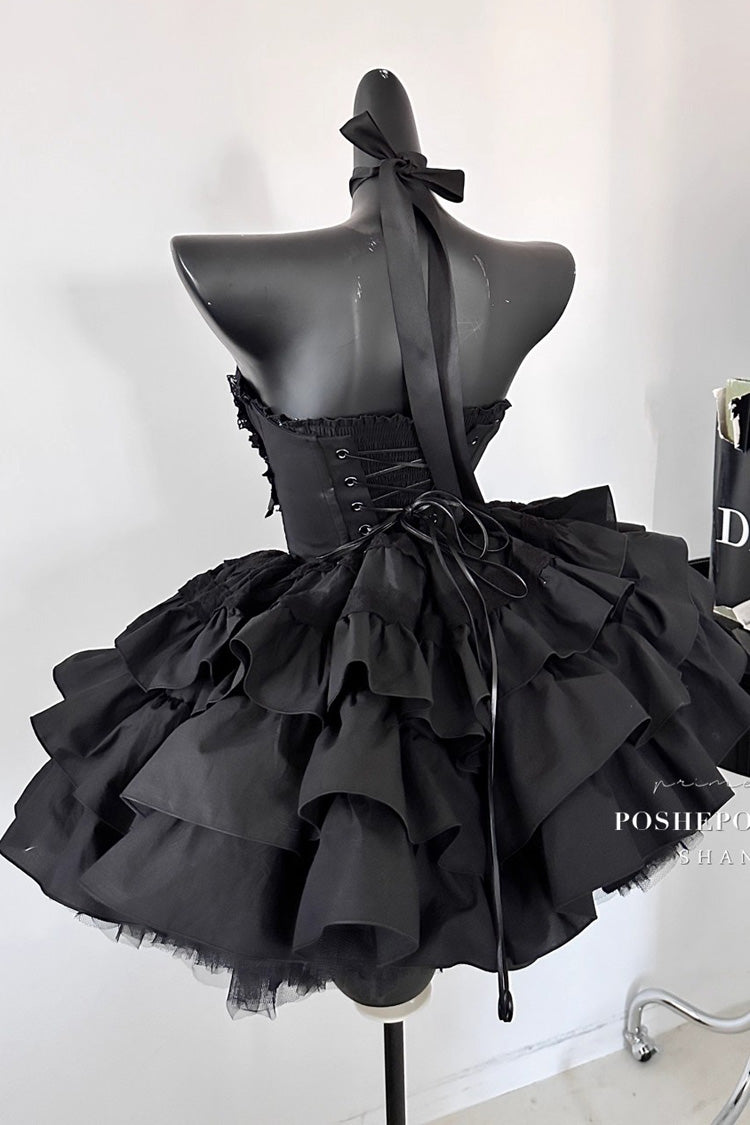 Sleeveless Black Lace Bowknot Triple-Layered Gothic Princess Dress