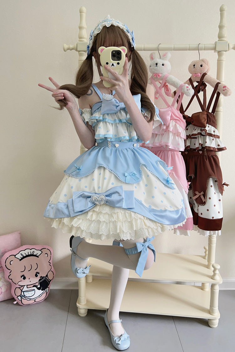 Blue Cream Polka Dot Ruffled Bowknot Sweet Lolita Jumper Dress