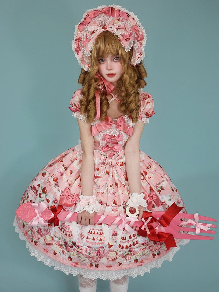 Print Strawberry Pink Sweet Accents Bow Set Full Dress Cake Lolita /