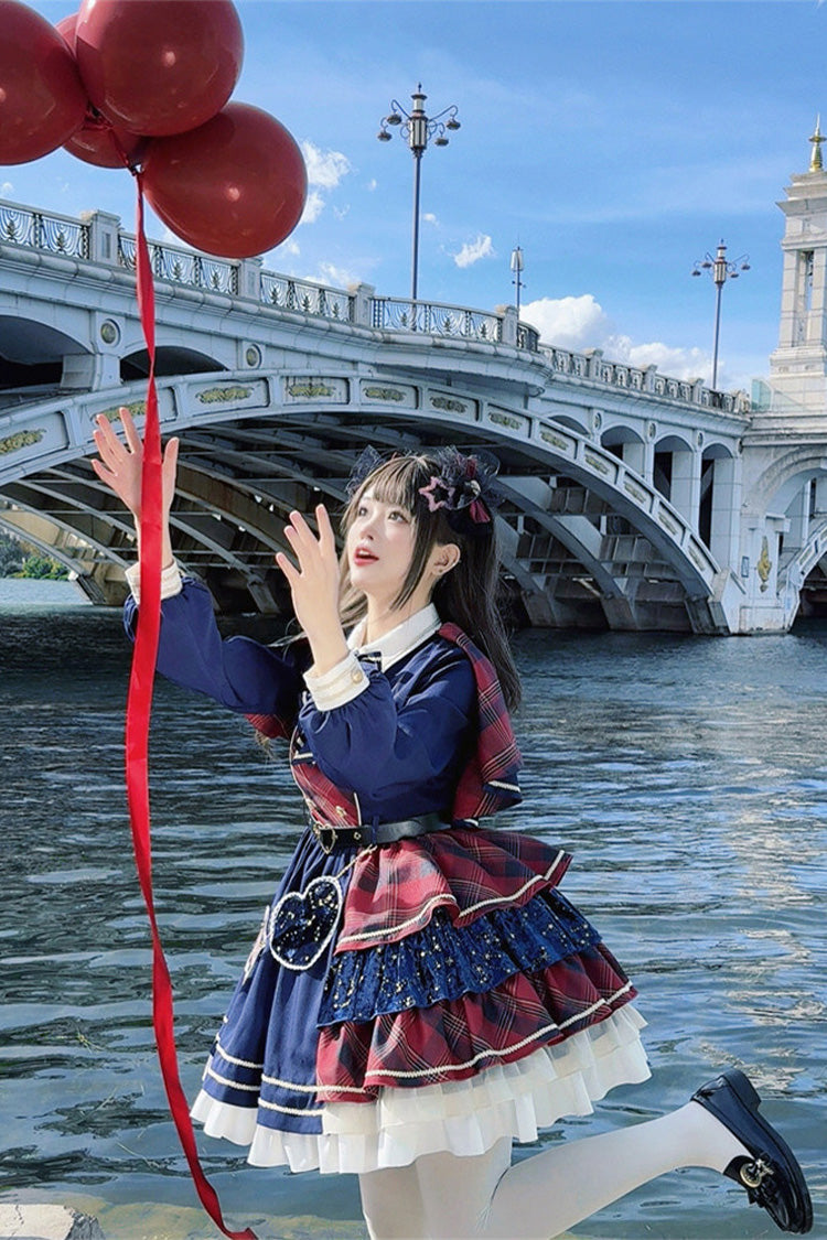 Red Dark Blue Starlight Academy Style Long Sleeves Printed Ruffled Spliced Asymmetric Faux Two-Piece Sweet Dress