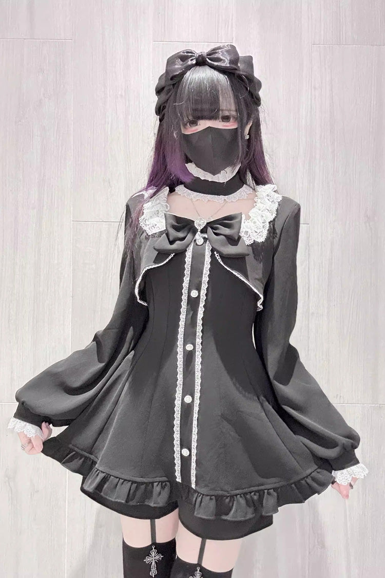 Noir Long Sleeve Ruffled Bow Lace Jirai Kei Dress Shorts Set - Twilight Prelude