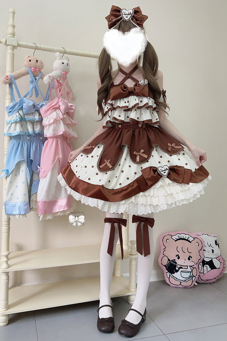 Chocolate Brown Cream Polka Dot Ruffled Bowknot Sweet Lolita JSK