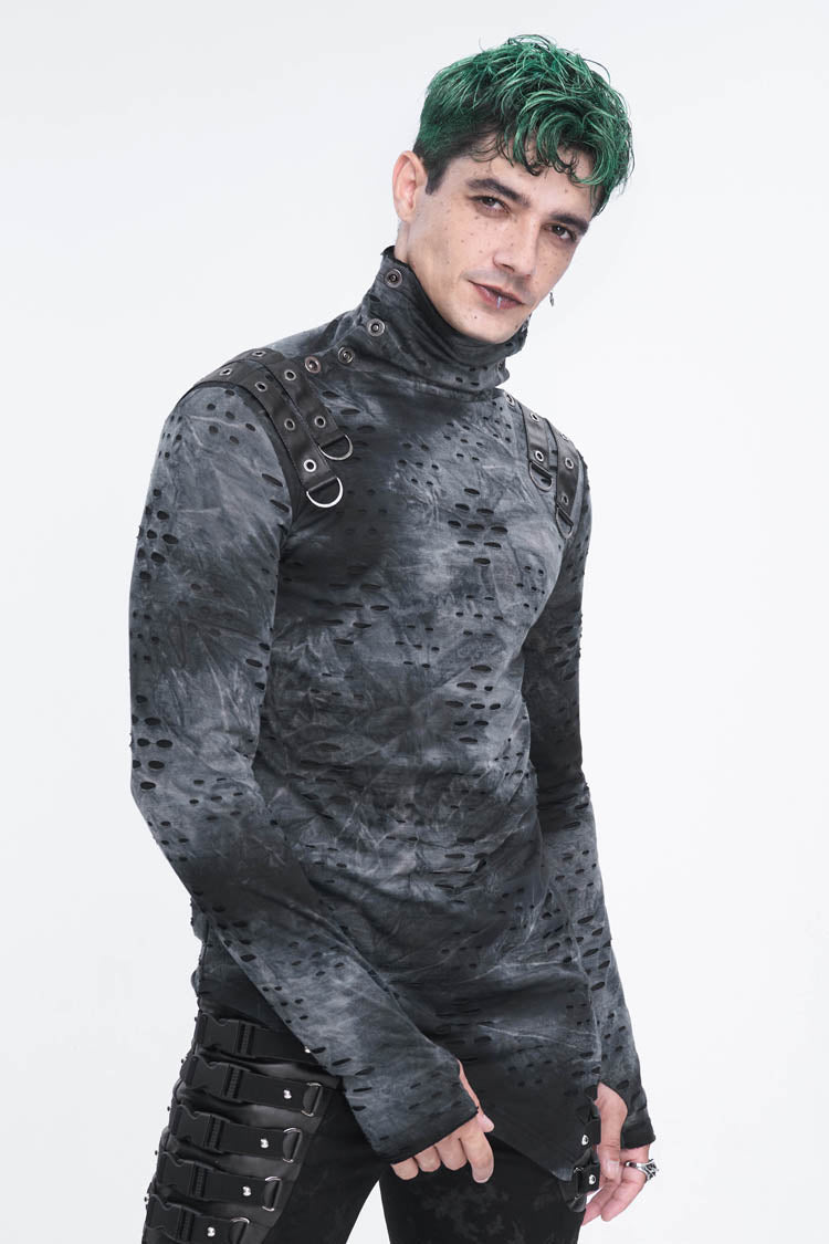 Men's Punk Shirt with Irregular Ripped Details, Stand Collar, Grey/Black