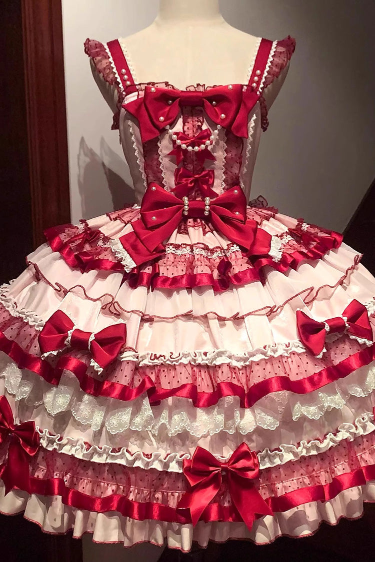 Ribbon Berries Sleeveless Multi-Layered Ruffled Bow Lace Sweet Lolita JSK Dress - Red