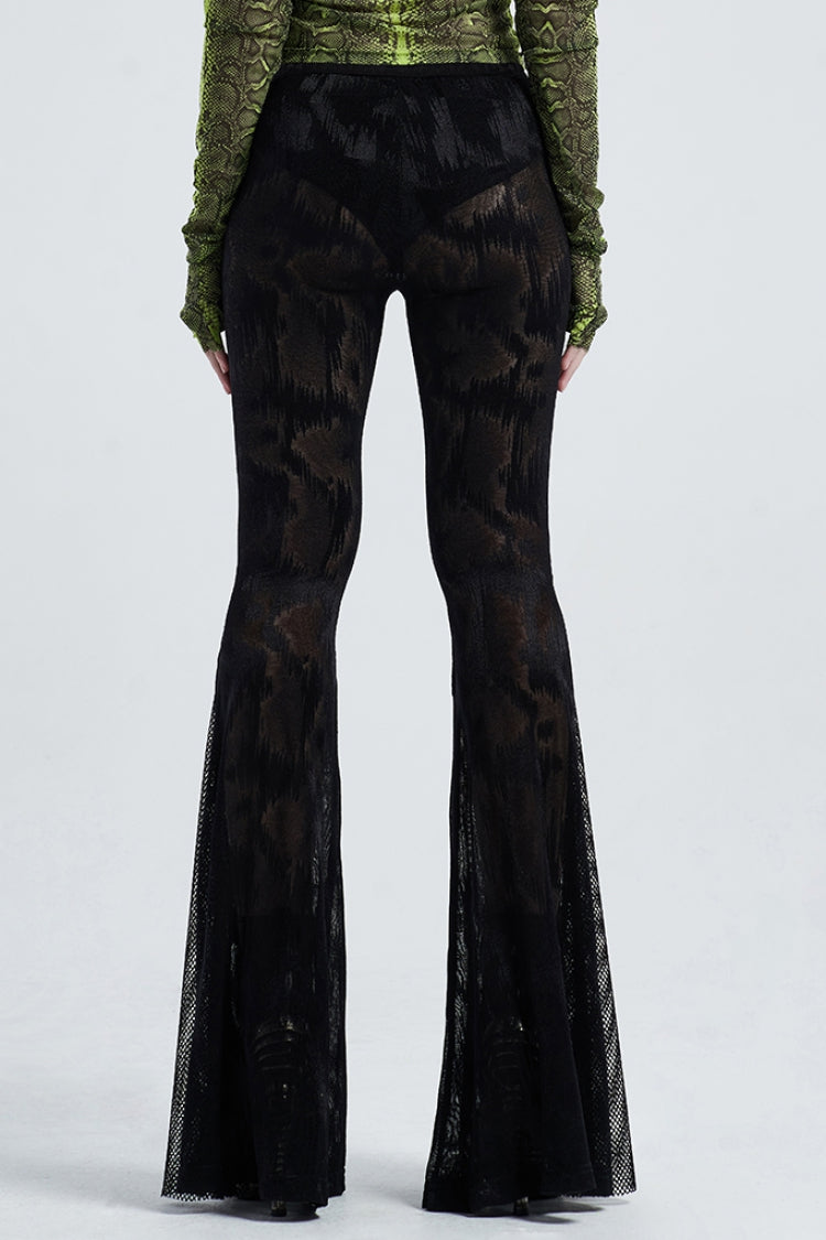 Python-Print Mesh Gothic Flared Trousers in Noir