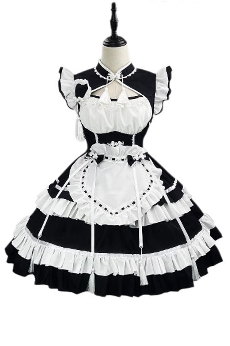 Monochrome Double Ruffle Bow Love Print Sweet Plus Size Chinese Lolita Set