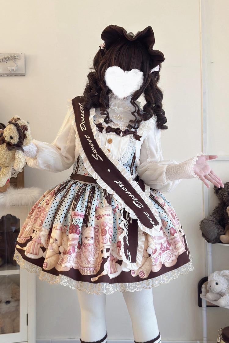Multi-Color Cat Chocolate Patisserie Sleeveless Printed Ruffled Bow Lace Sweet Strap Dress