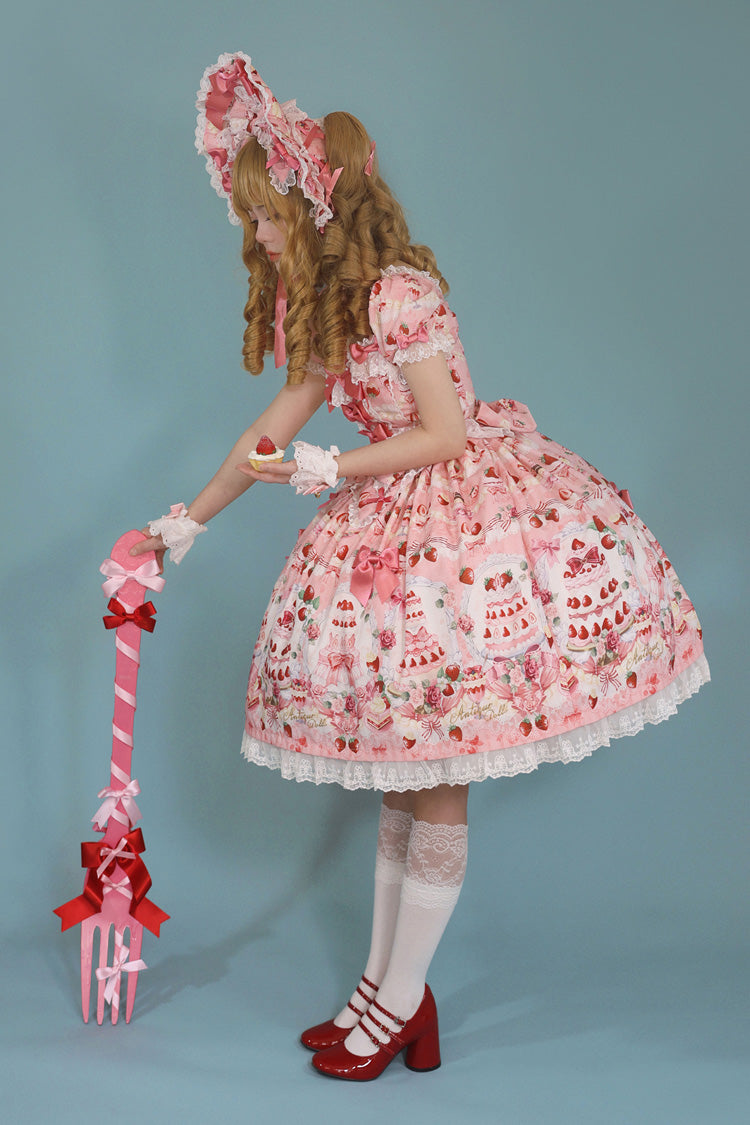 Strawberry Cake Bouquet Print Square Collar Short Sleeve Bow Lace Sweet Lolita Dress - 3 Colors