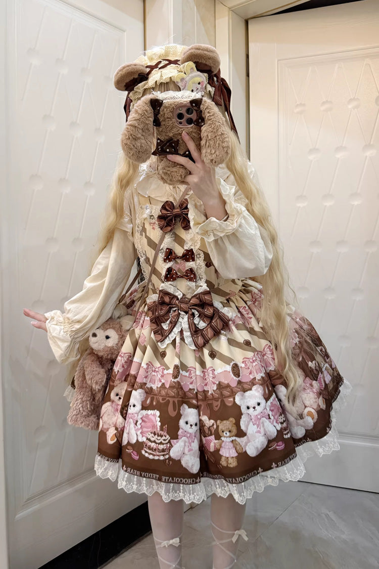 Sleeveless Lace Bow Print Strap Dress in 2 Shades - Chocolate Brownie