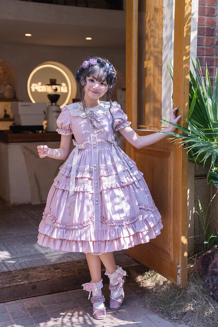 Pink Doll Collar Dress with Iris Embroidery - Sweet