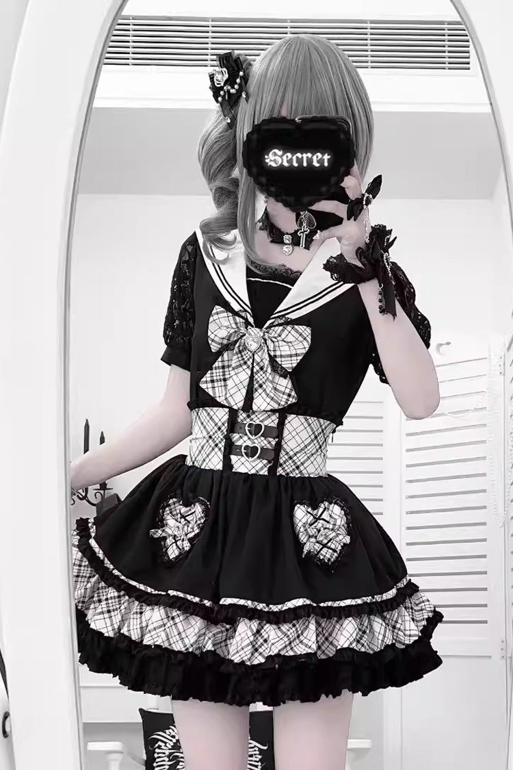 Monochrome Sailor Collar Bow Print Jirai Kei Skirt and Top Set