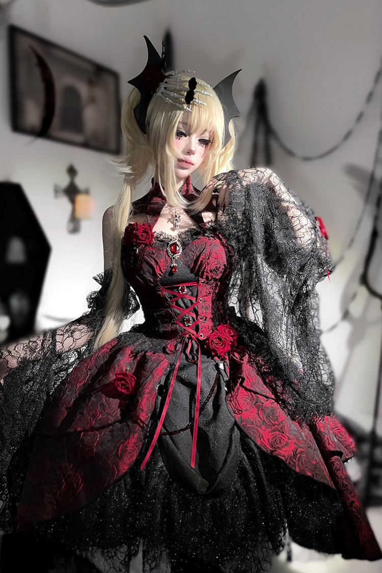 Crimson Rose Dish Ruffled Cardigan Bow Lace-Up Gothic Lolita Jumper Dress