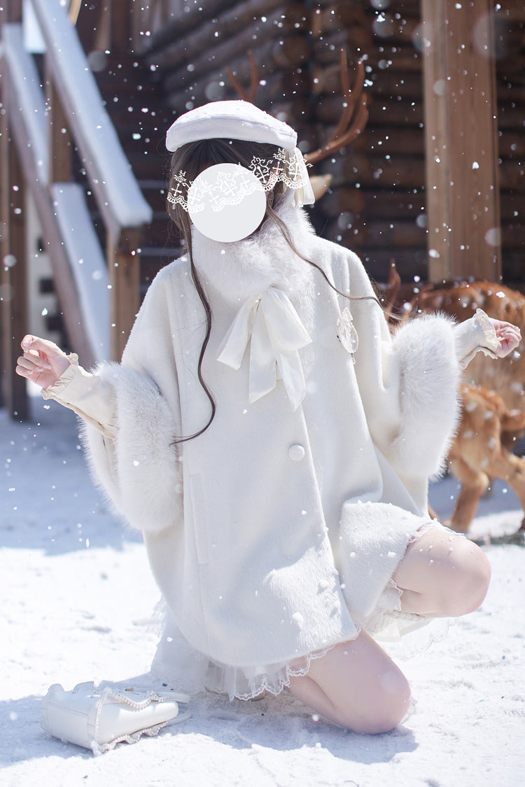 Ivory Lace Sweet Japanese Fluffy Cape Coat