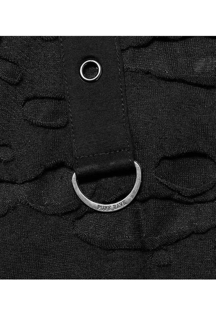 Gothic Distressed Knit Metal Buckle Removable Strap Long-Sleeve Tee