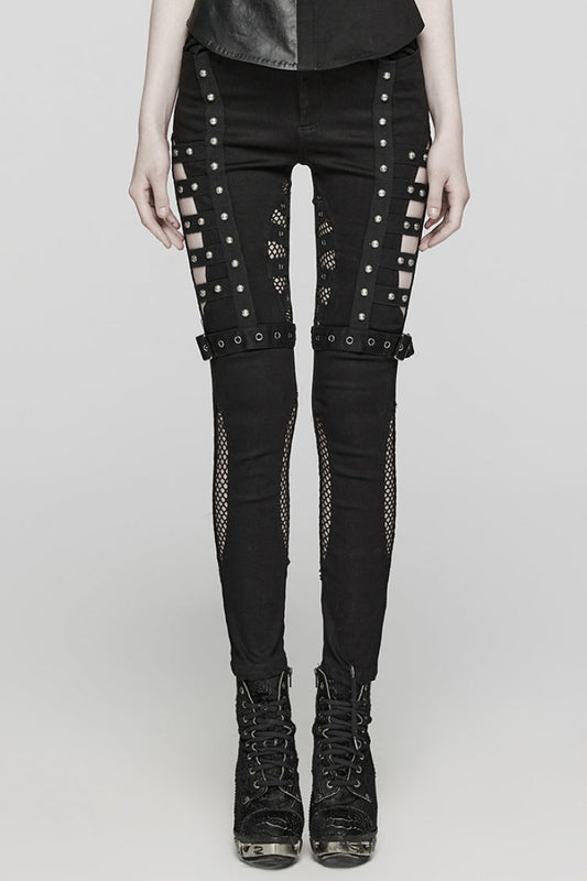 Cutout Punk Jeans with Eyelet Details and Mesh Trim