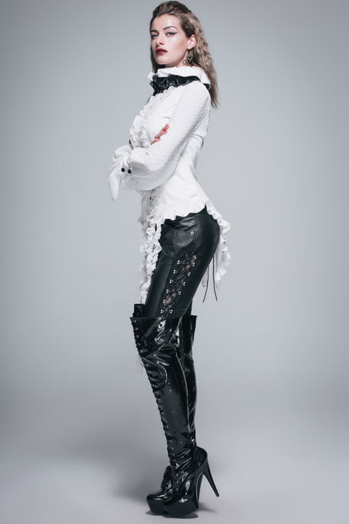 Ivory Gothic Blouse with Chiffon Ruffles and Dovetail Hem