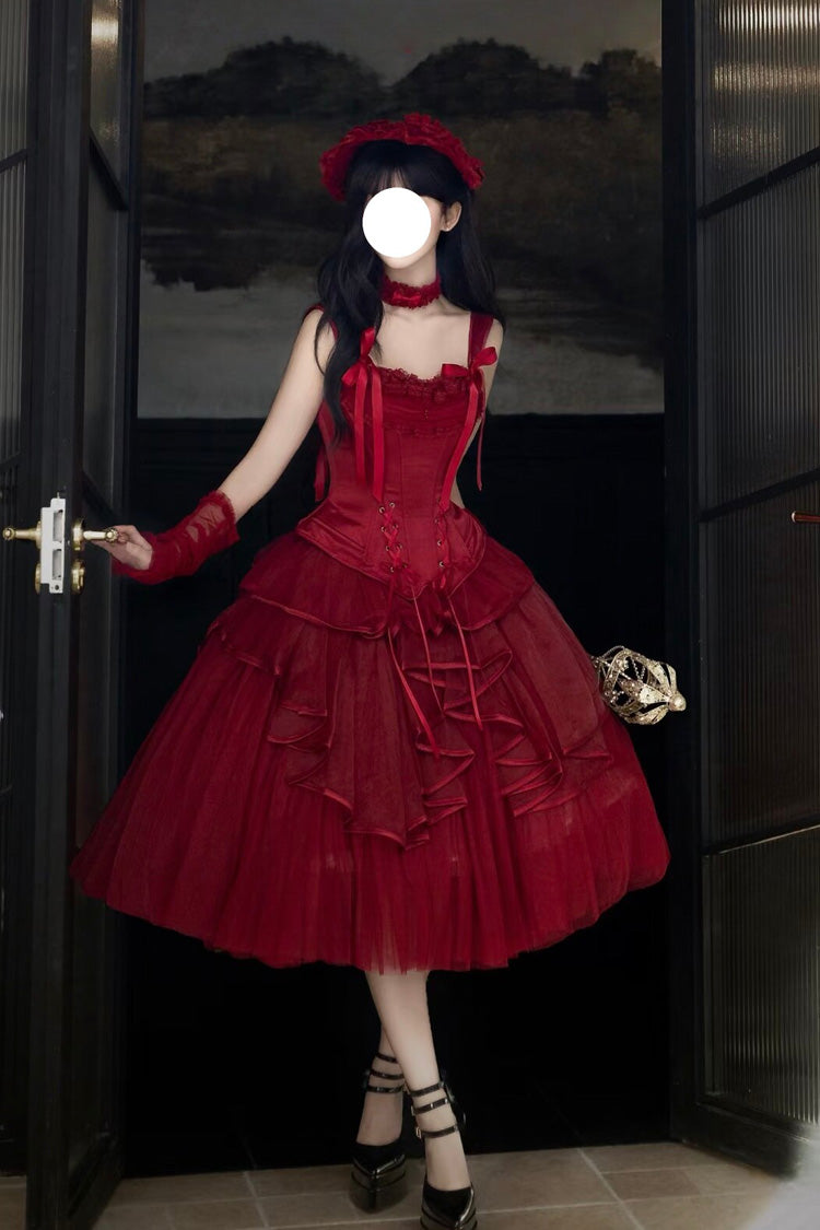 Scarlet The Summer Waves Sparkle Square Neck Sleeveless Multi-Layered Ruffled Bow Laced Slim Lolita Skirt Set