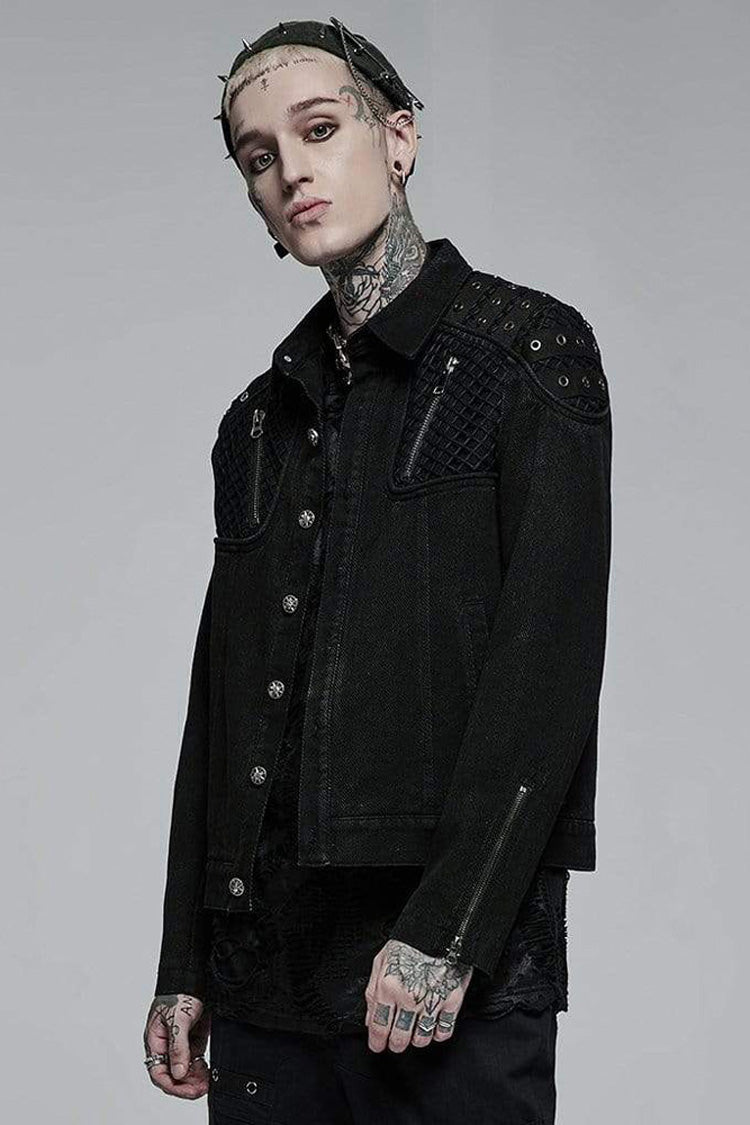 Aged Texture Mesh Panel Metal-Trimmed Punk Long Jacket