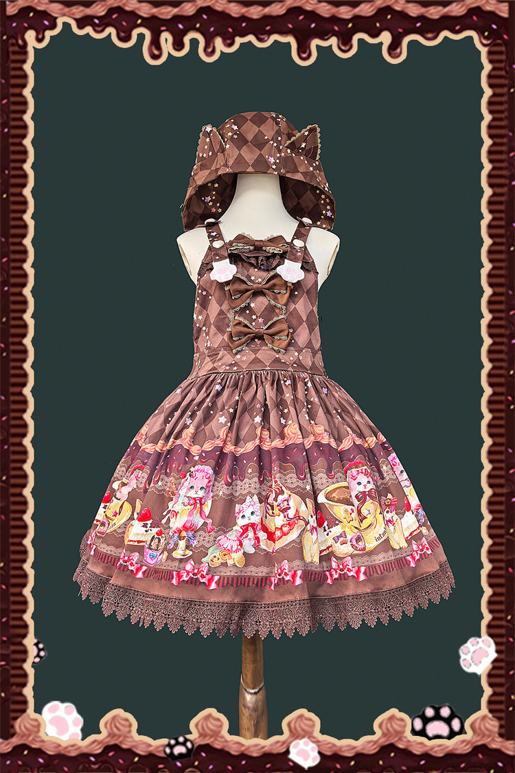 Hooded Strap Dress with Print and Bow in 3 Shades - Cream Meow