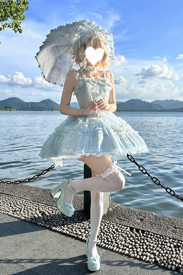 Cerulean Sleeveless Ruffle Bow Lace Corset Sweet Jumper Dress - Candy House