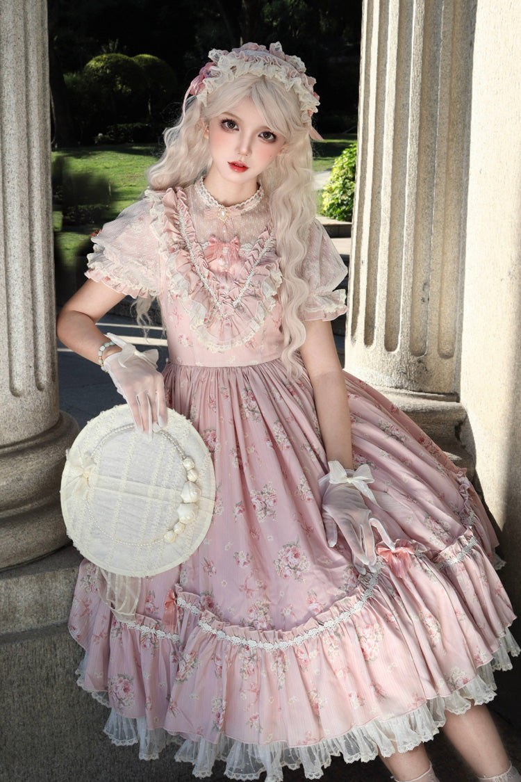 Daydream Rose Floral Jacquard Print Ruffle Embroidered Bow Sweet Lolita Dress in Three Shades