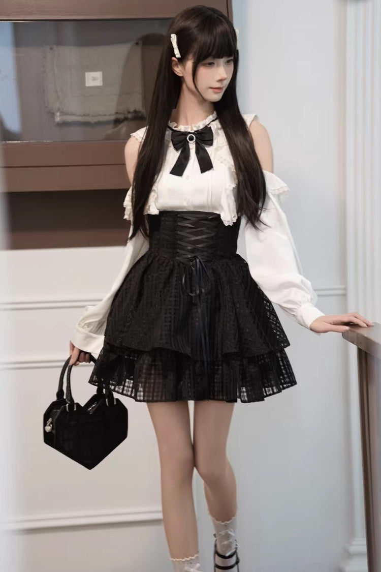 Double-Layered Cut-Out Bow Lace-Up Classic Jirai Kei Skirt Set