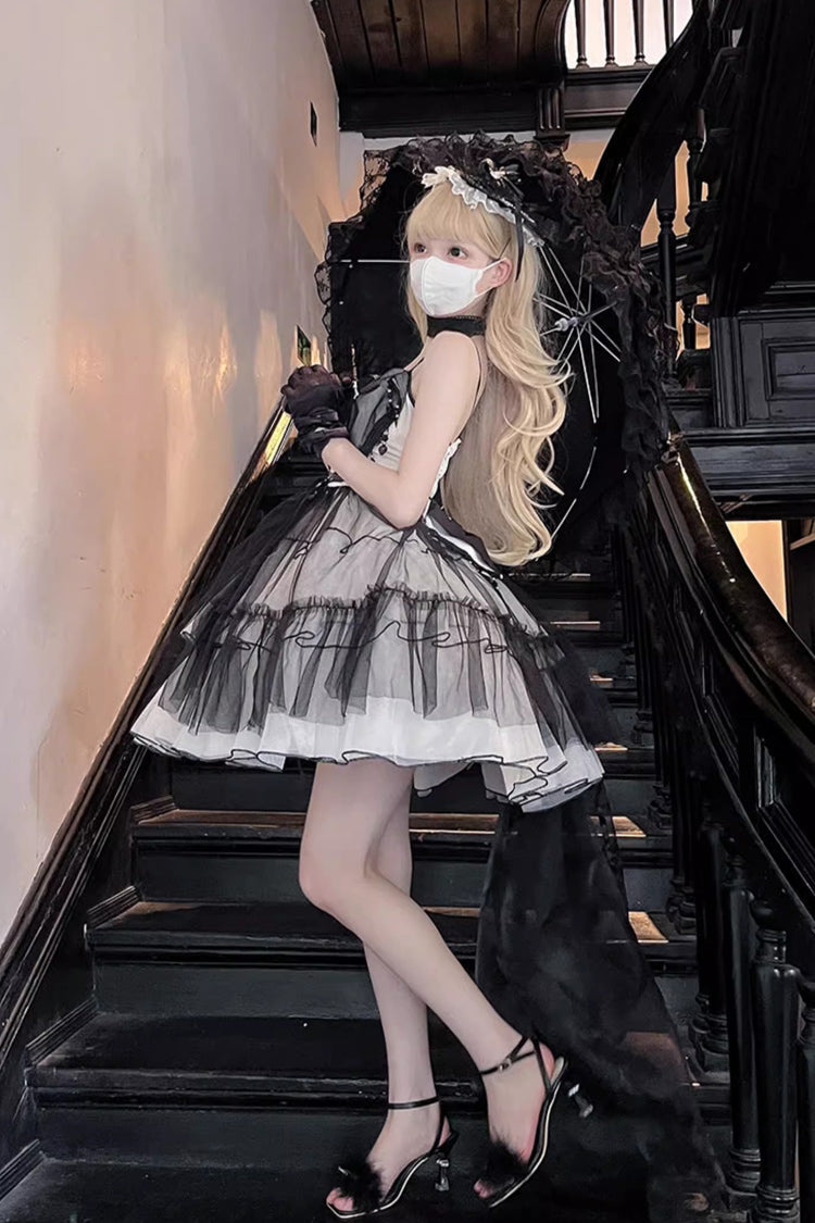 Monochrome Gothic Plus-Size JSK with Lace-Up Front and Hanayome Ruffles - Short