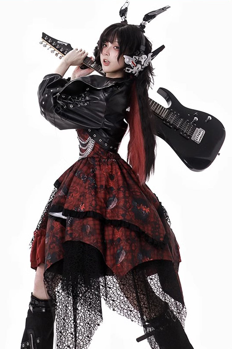 Crimson Bloody Strawberry Tears Print Sleeveless Frill Bow Lace Asymmetrical Gothic Lolita JSK
