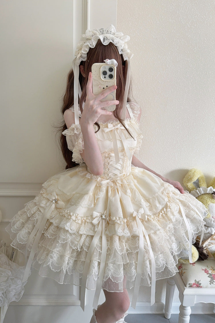 Peach Sleeveless Layered Ruffle Bow Lace Corset Ballet Jumper Dress - Ribbon Heart Love