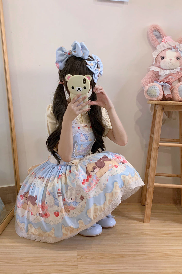 Party Print Bowknot Stitching Lace JSK Dress - Cream - Tri-Color