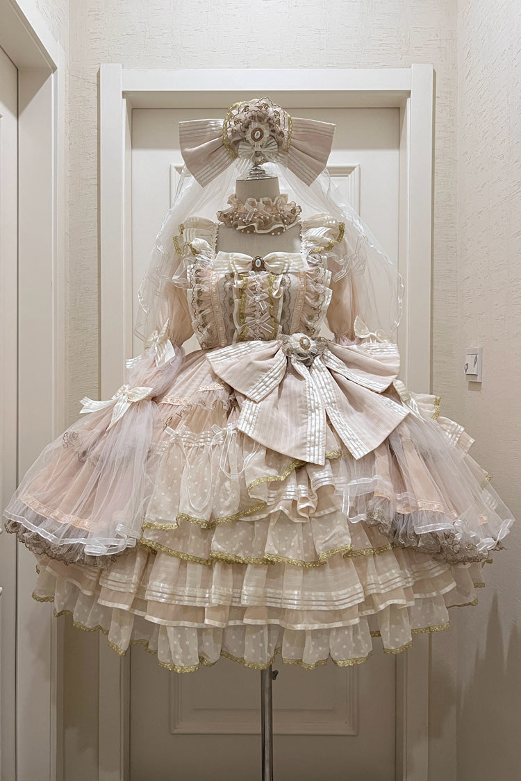 Apricot Coronation Long Trumpet Sleeve Layered Bow Lace Gorgeous Set