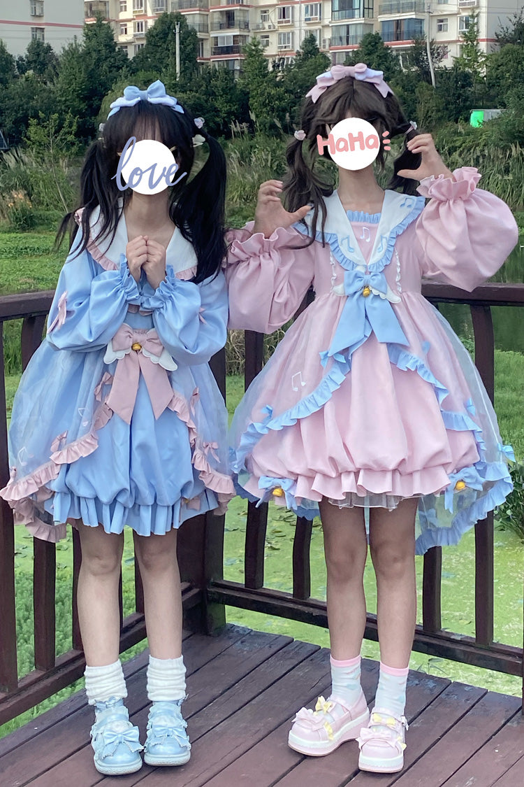 Music Note Print Blue Lace Sweet Lolita Dress with Bow